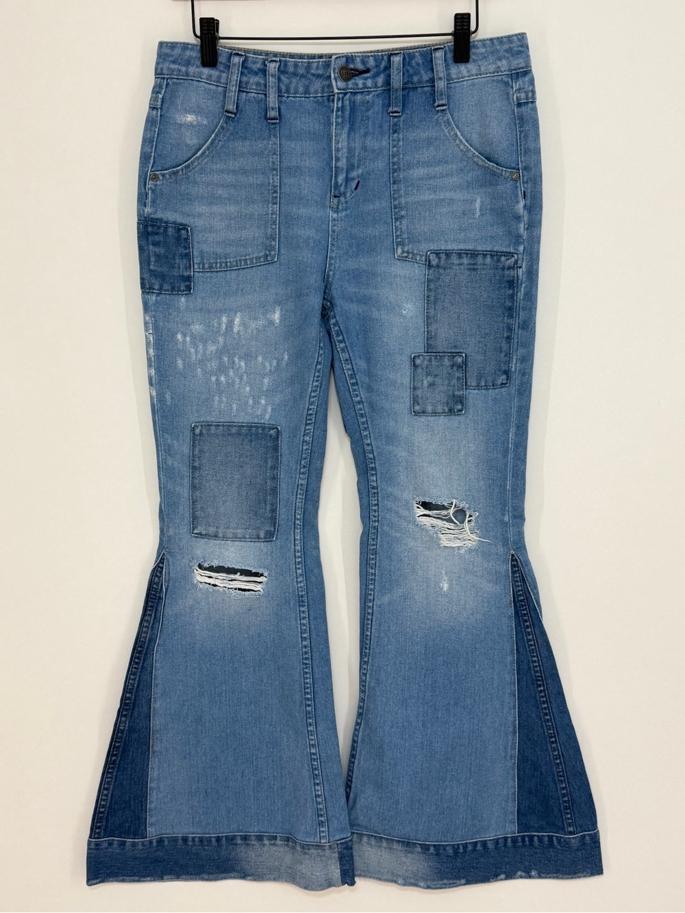 Free People Festy Super Flare Denim Boho Patchwork Jeans Size 28